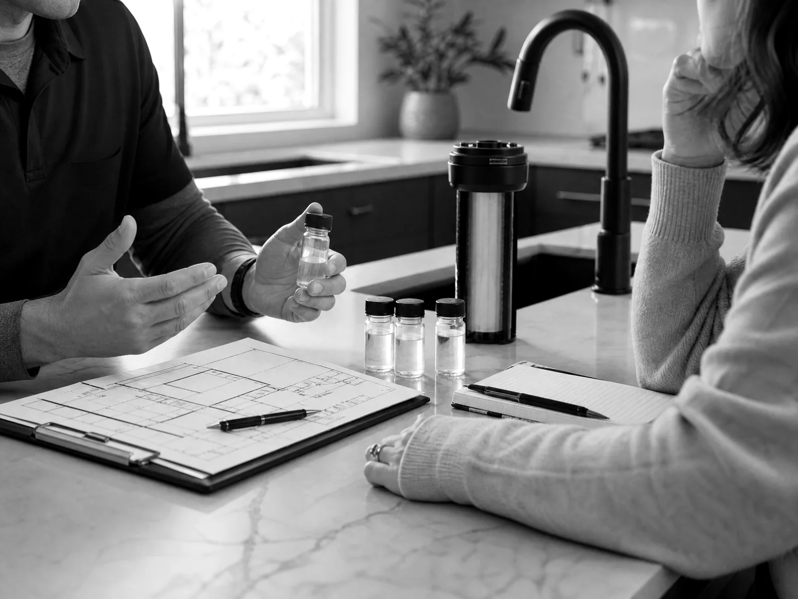 Water-treatment consultation with test samples and a home plumbing plan