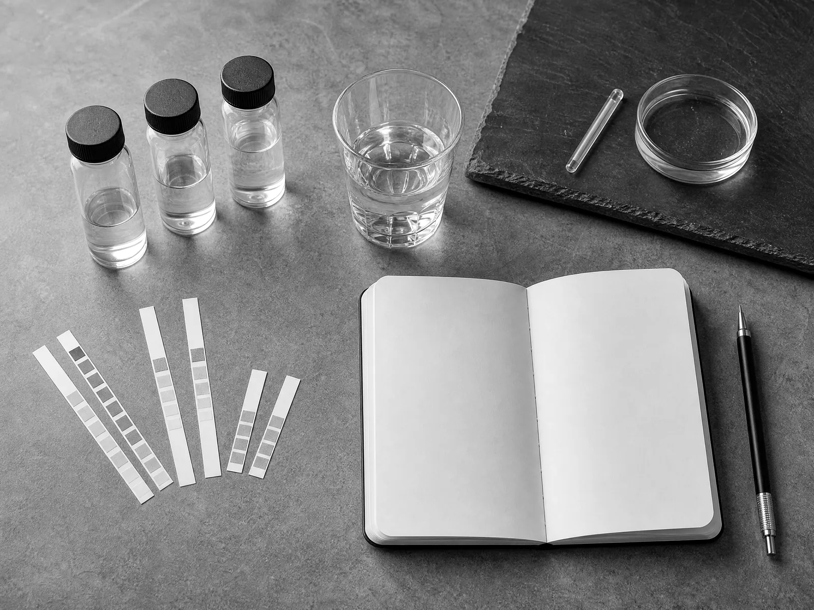 Water samples, test strips, and notes arranged for water-treatment research