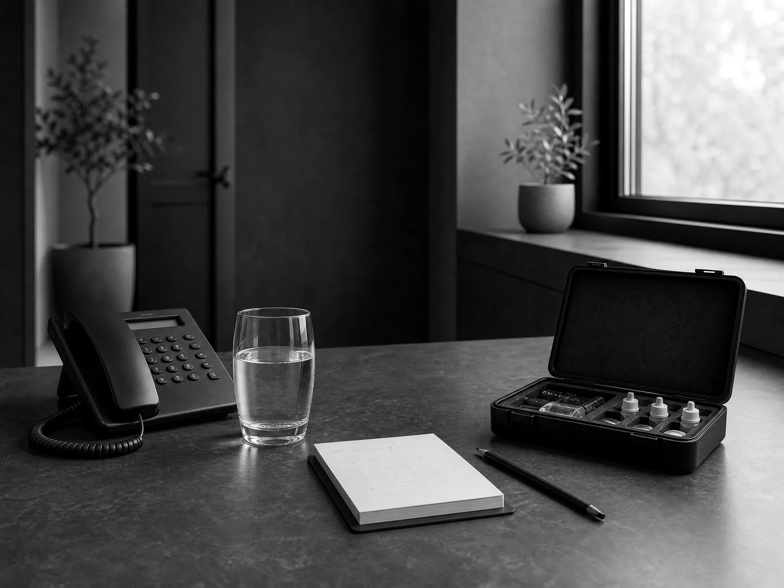 Phone, calendar, and water-testing materials ready for an Aqua Pure consultation