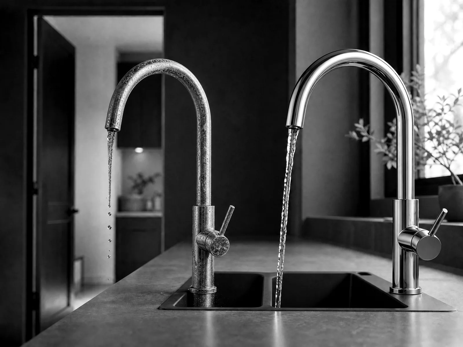 Faucet scale and a clean fixture illustrating signs that water may need treatment