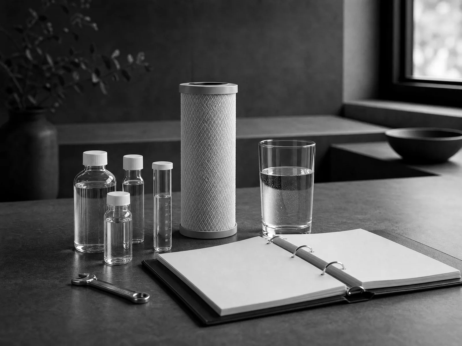 Water-treatment test samples, filter cartridge, and service guide arranged together