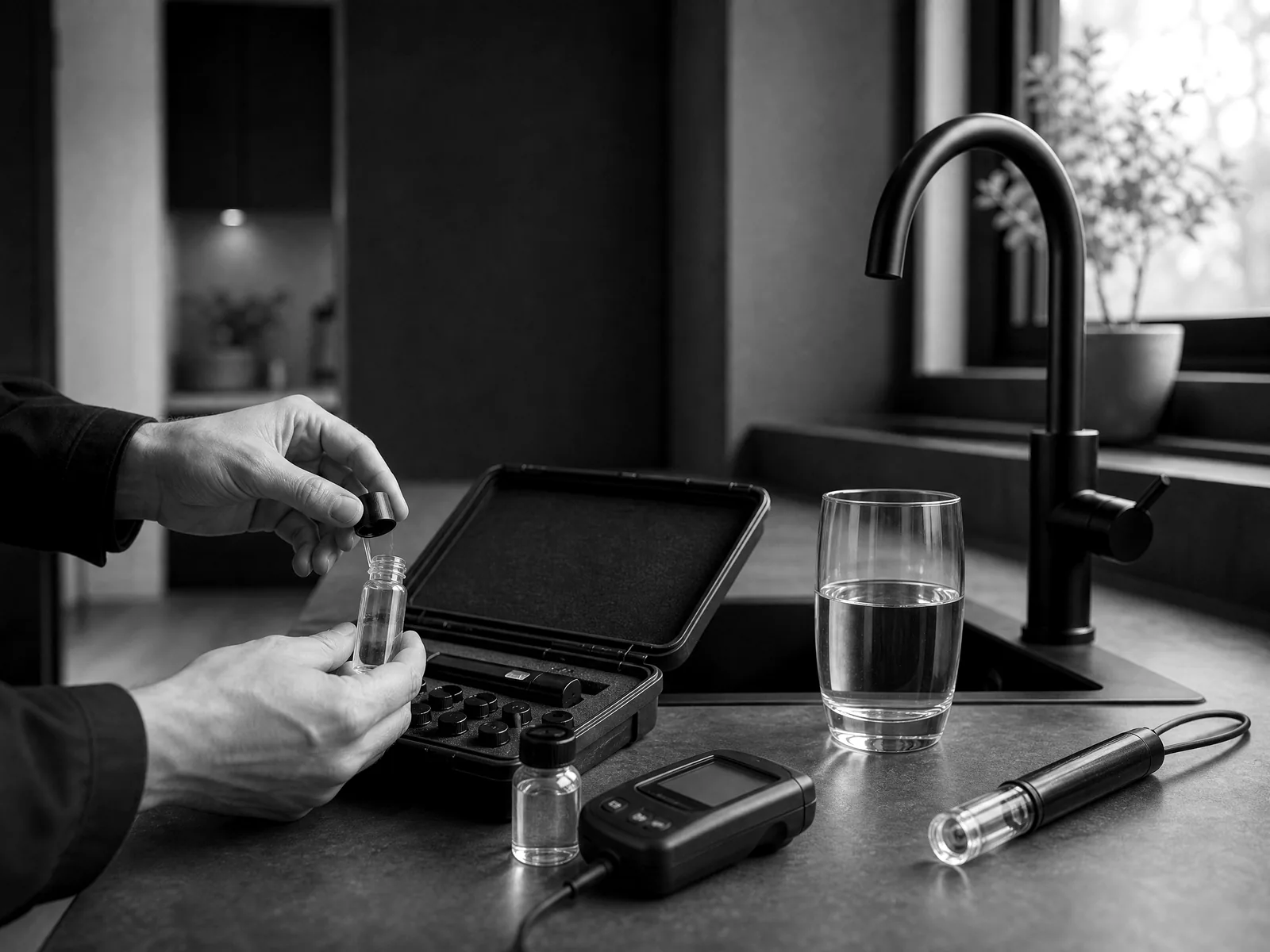 In-home water test being performed beside a kitchen sink