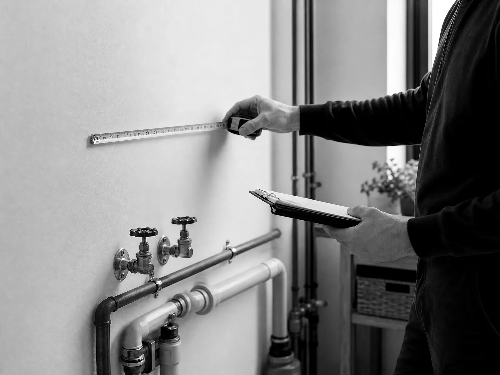 Water-treatment installation area being measured for a home-specific quote