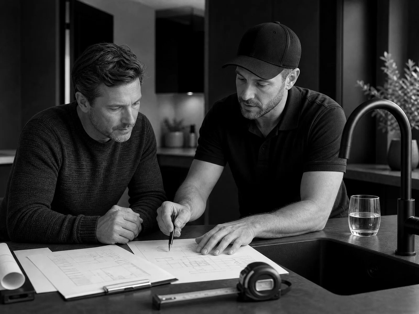 Homeowner and installer reviewing a water-treatment installation scope and measurements