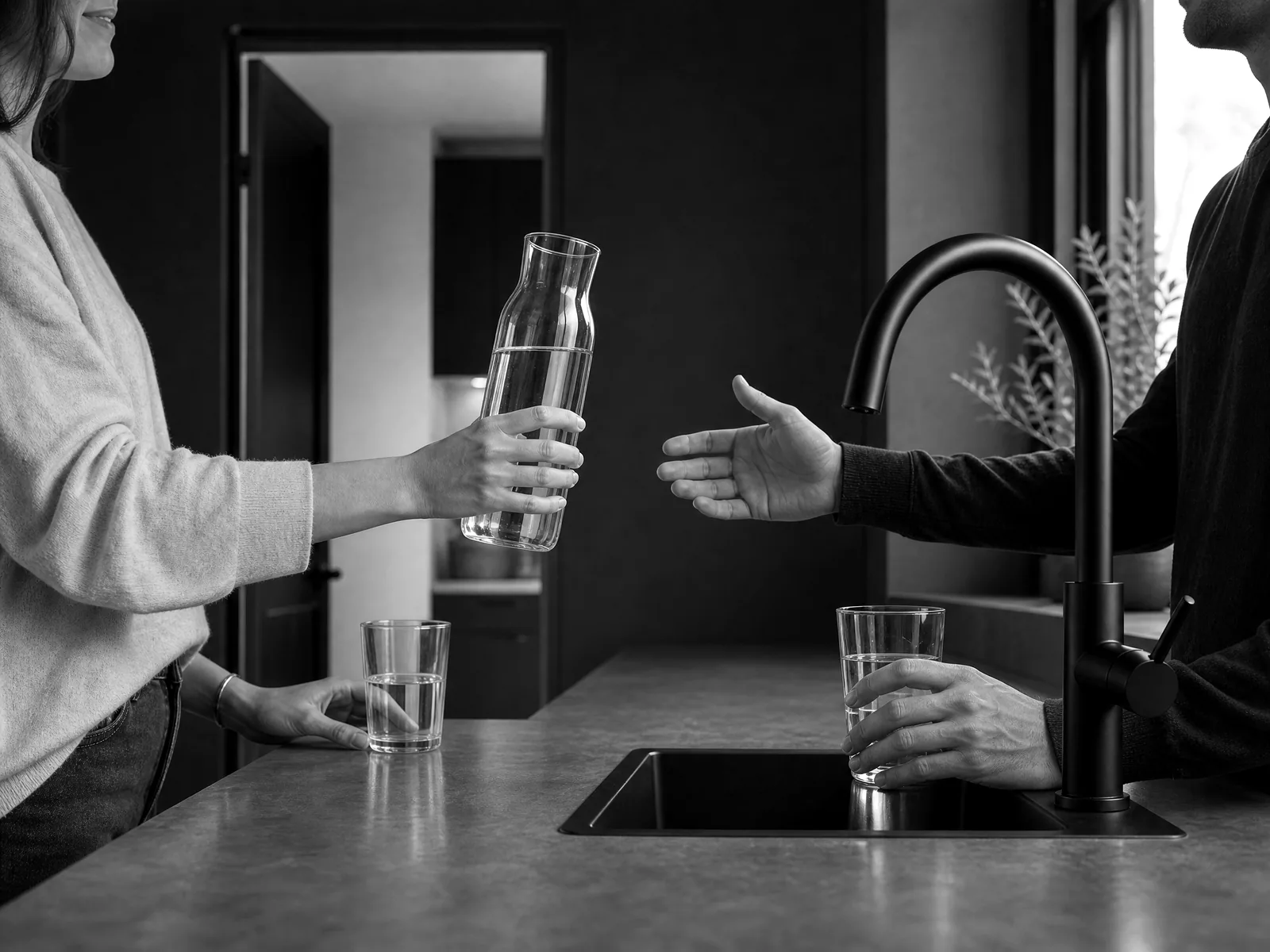 Neighbors sharing filtered water during an Aqua Pure referral conversation
