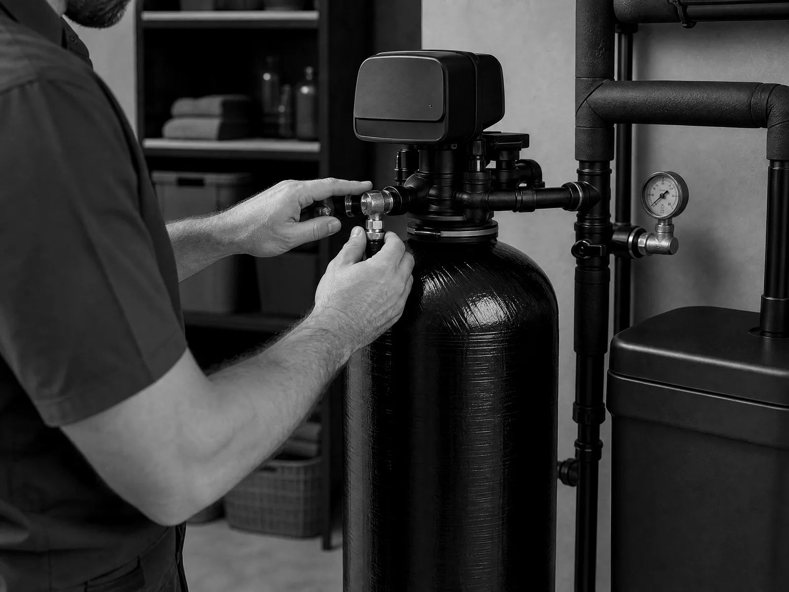 Technician inspecting a whole-home water-treatment system during service
