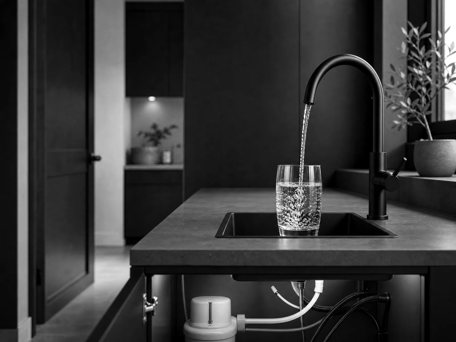 Dedicated reverse-osmosis faucet providing drinking water at a kitchen sink