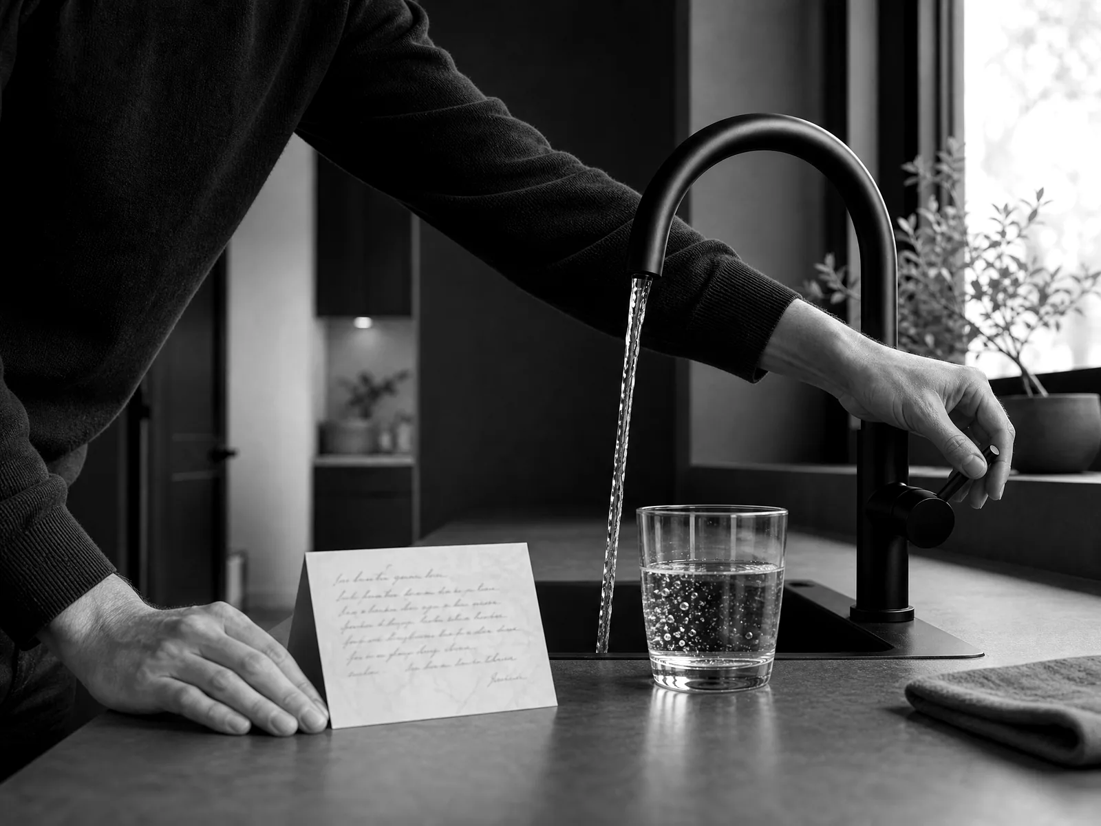 Homeowner using a kitchen faucet beside a customer thank-you note
