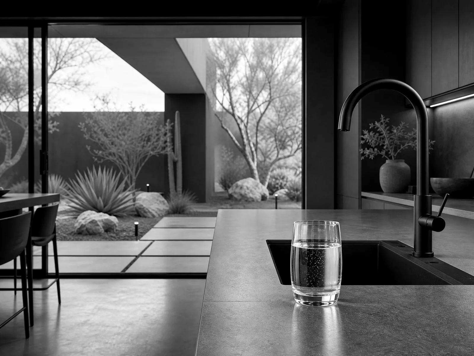 Modern desert kitchen and courtyard representing Aqua Pure service in Scottsdale Arizona