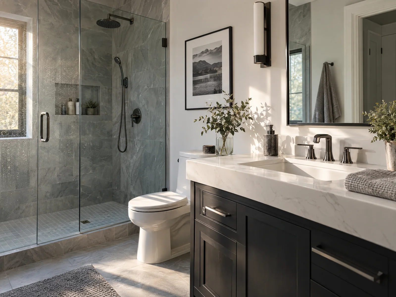 Illustrative bathroom with glass shower and clean fixtures