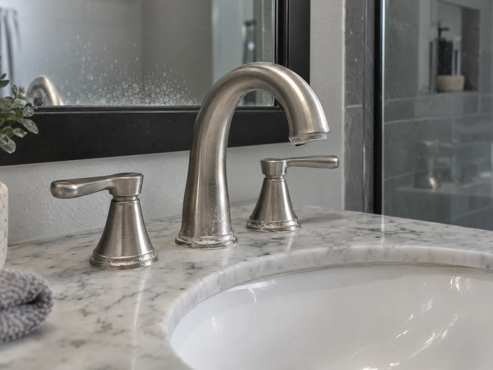 Illustrative mineral scale around a bathroom faucet and spotting on glass