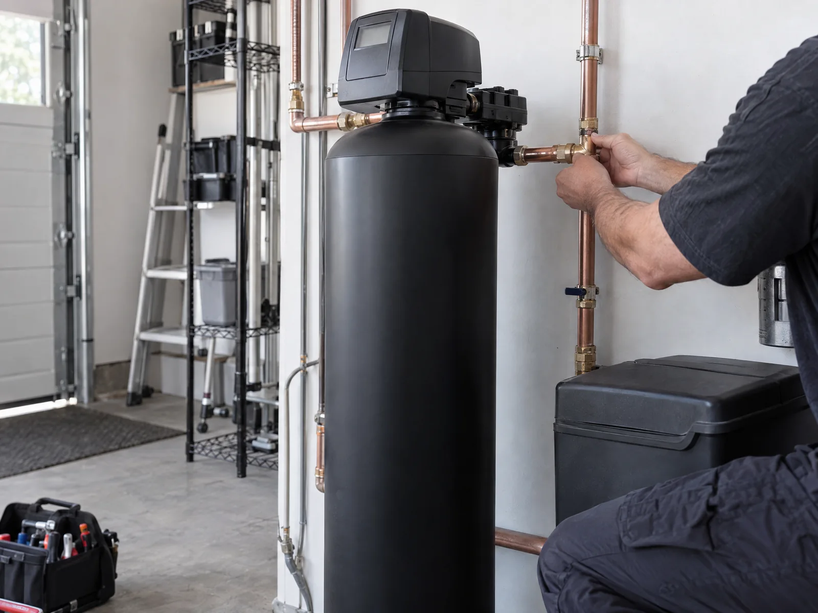 Illustrative view of a technician checking a whole-home treatment connection