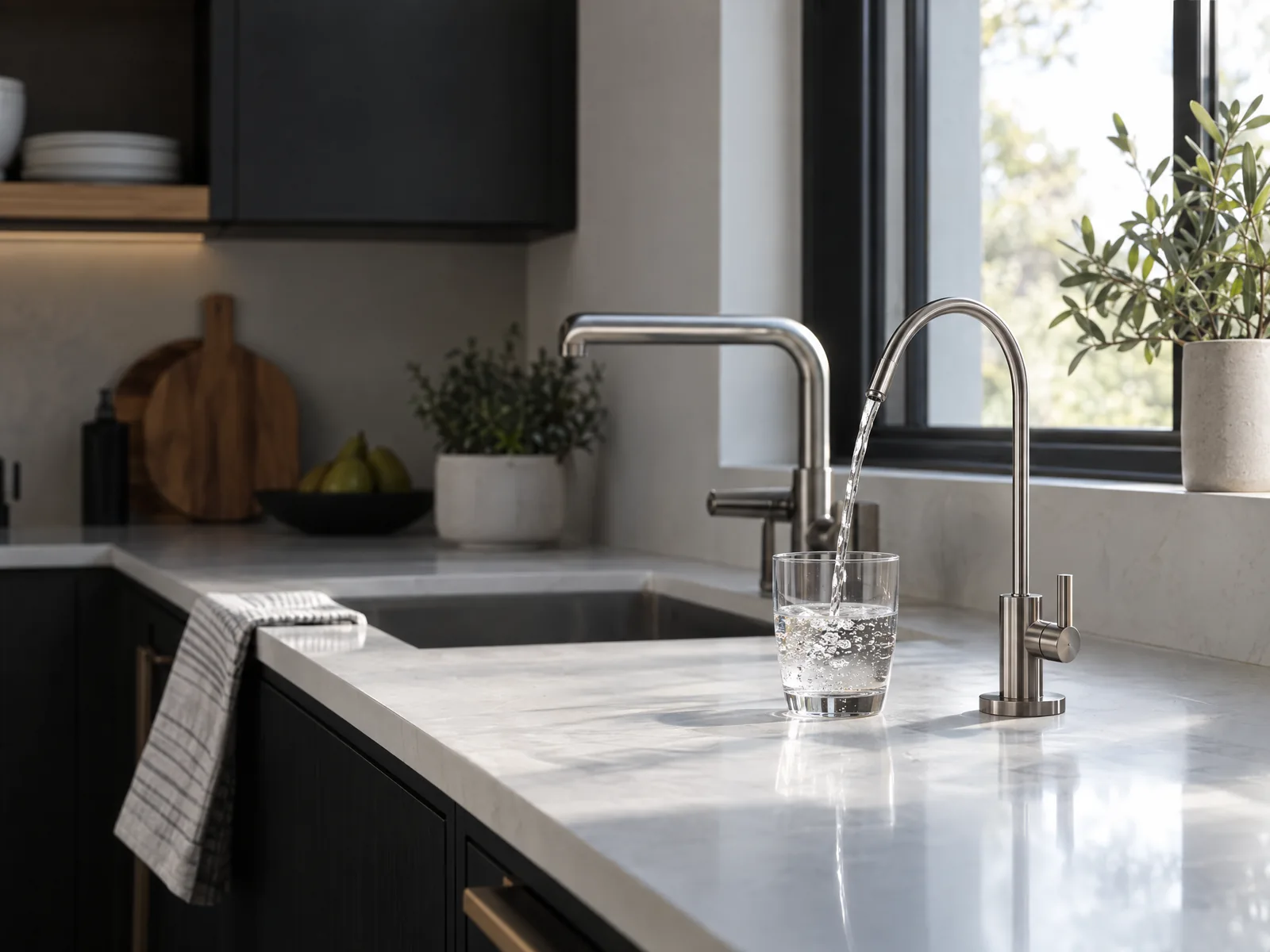 Illustrative separate drinking-water faucet filling a glass at a kitchen sink