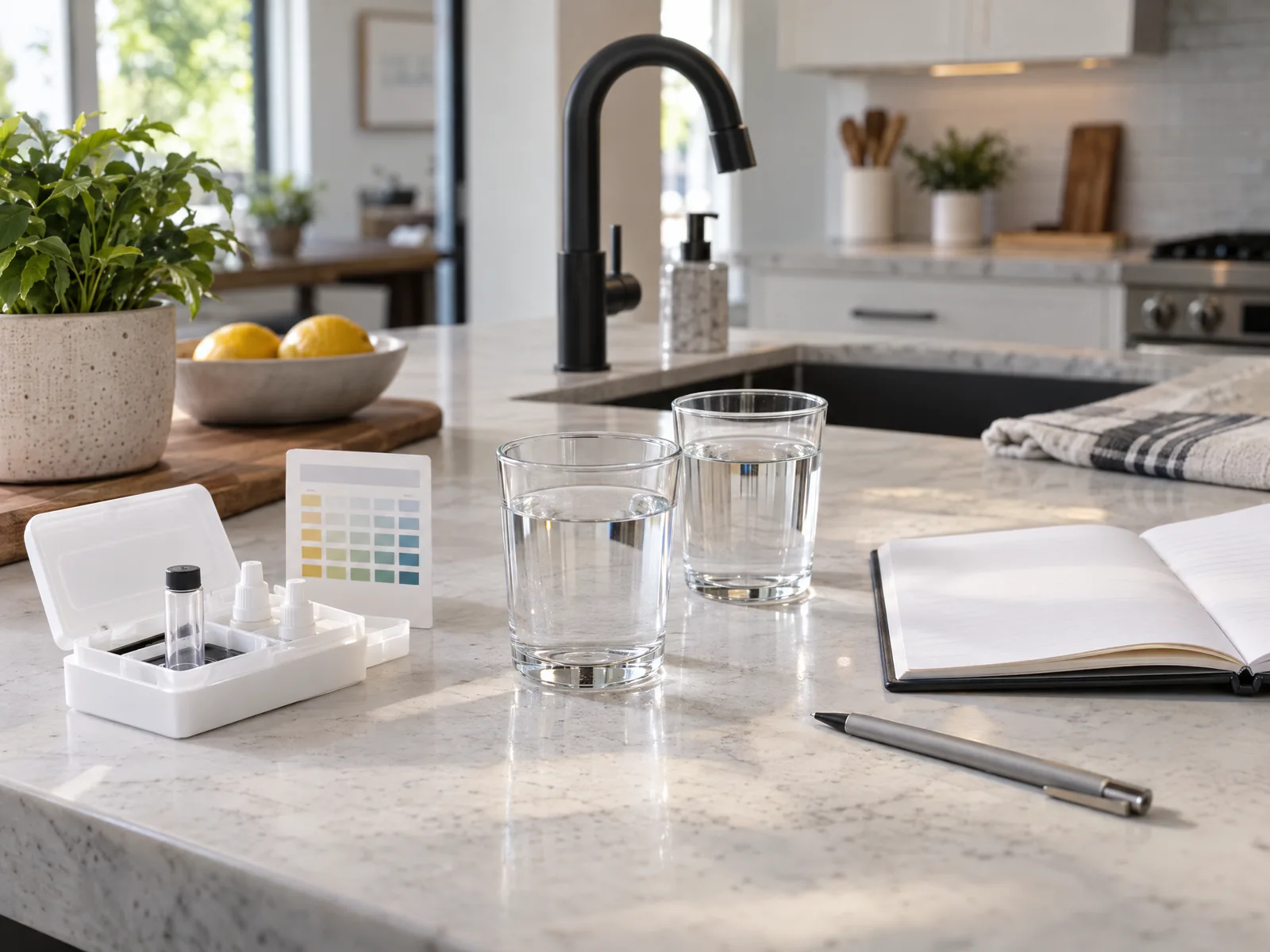 Illustrative water samples and home-test kit beside appointment notes